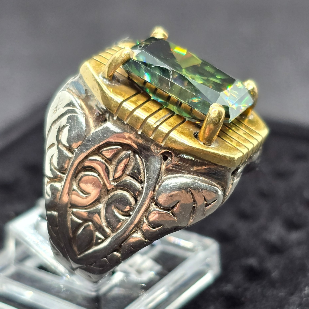 Green Moissanite Diamond Silver Ring
