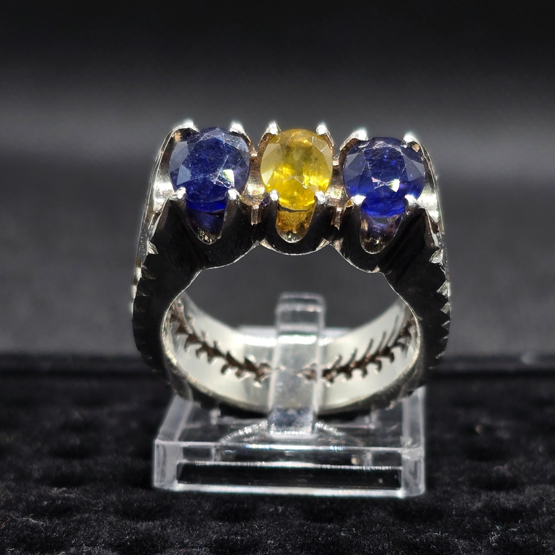 Blue & Yellow Ceylon Sapphires Silver Ring