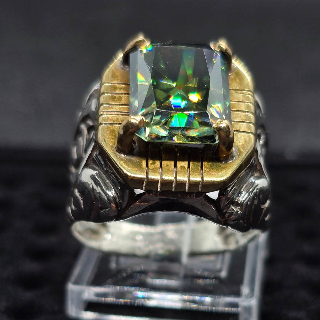 Green Moissanite Diamond Silver Ring